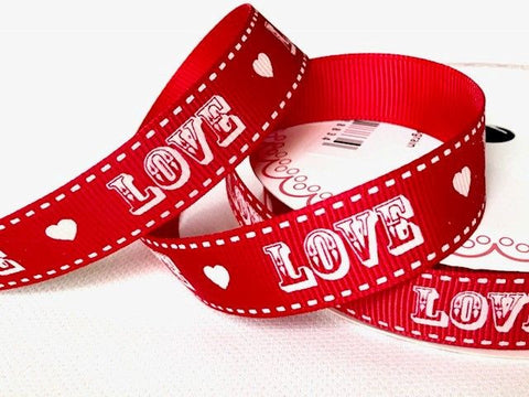 Bertie’s Bows Ivory Vintage Love Print on 16mm Red Grosgrain Ribbon