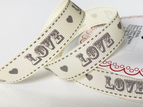 Bertie’s Bows Grey Vintage Love Print on 16mm Ivory Grosgrain Ribbon x 25mtr