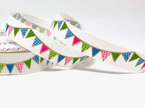 Pastel Bunting Print 16mm White Grosgrain Ribbon