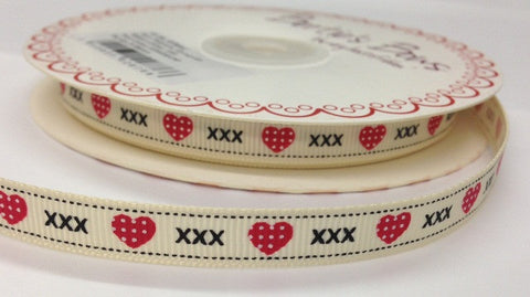Polka Dot Heart Print 9mm Ivory Grosgrain Ribbon