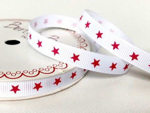 Red Star Print on 9mm White Grosgrain Ribbon